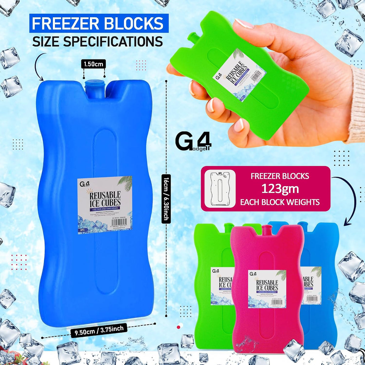 G4GADGET 16cm Freezer Blocks – Pack of 4 – Long-Lasting Reusable Ice Packs for Coolers, Picnic Bags, Travel & Outdoor Adventures – Ideal for Beach & Hiking Trips