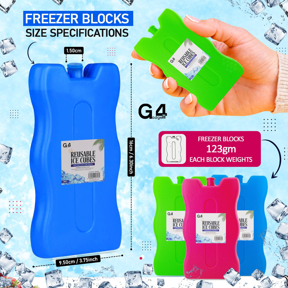 G4GADGET 16cm Freezer Blocks – Pack of 4 – Long-Lasting Reusable Ice Packs for Coolers, Picnic Bags, Travel & Outdoor Adventures – Ideal for Beach & Hiking Trips
