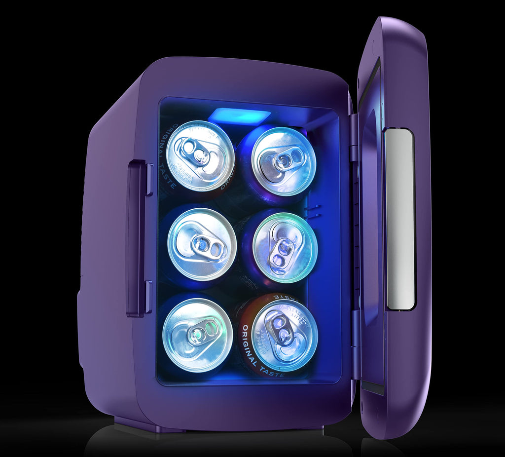 Frigidaire Gaming Light Up Mini Beverage Refrigerator, 6 can, 4 liters, Cooler with large see through door and LED lights Perfect for Gaming Experience, Home, Office, or Cars.12V Charger (Blue)
