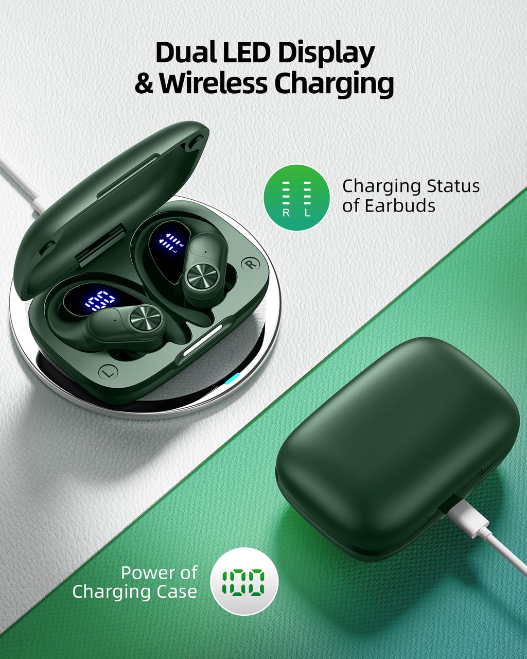 PocBuds Bluetooth Headphones Wireless Earbuds 80hrs Playtime Wireless Charging Case Digital Display Sports Ear Buds with Earhook Deep Bass IPX7 Waterproof Over-Ear Earphones for TV Phone Laptop Pink