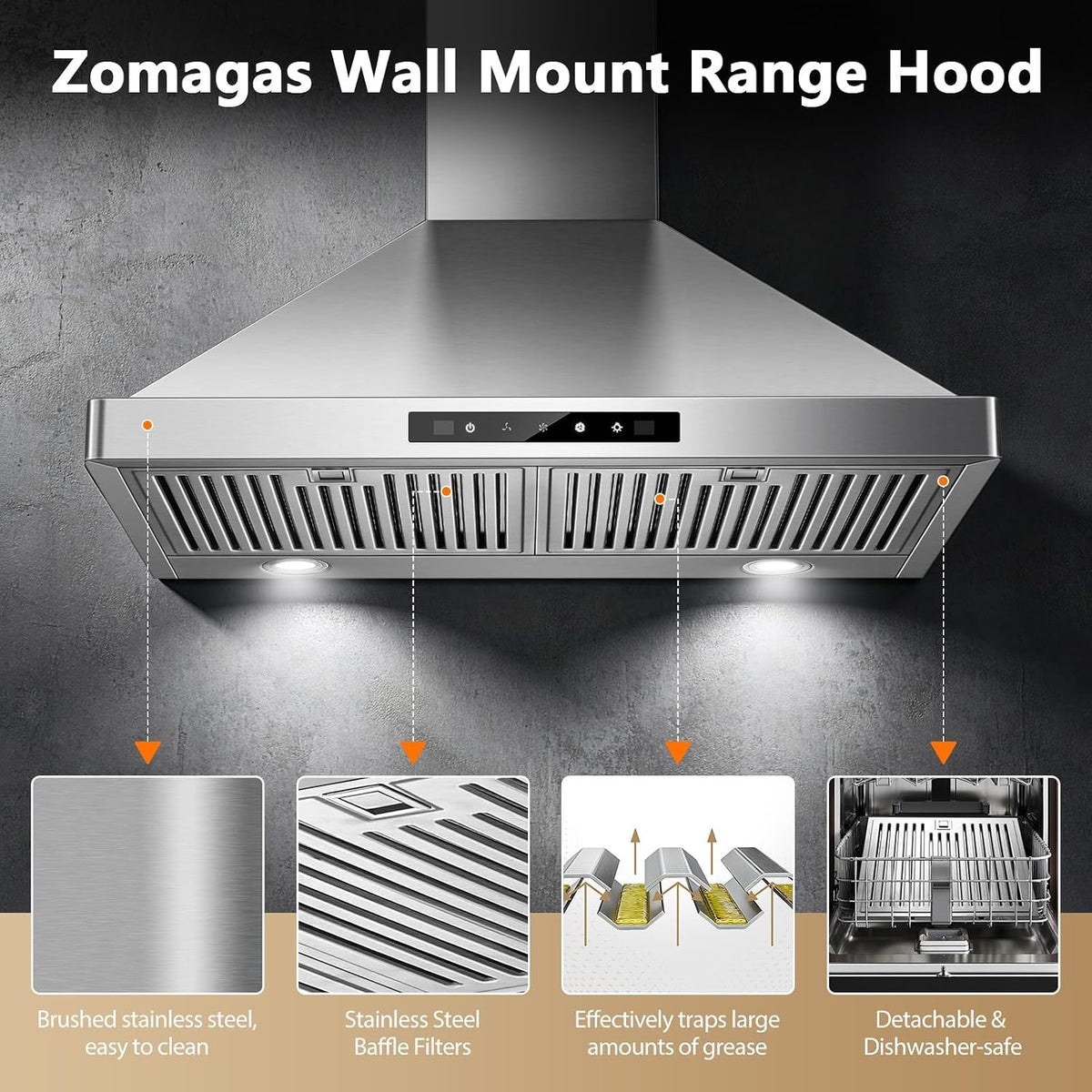 Wall Mount Range Hood 30 inch, 900 CFM Stainless Steel Kitchen Hood