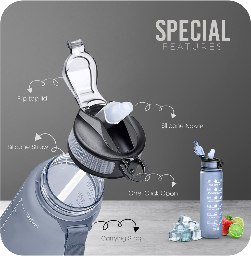 Roe Tenpo Sports Water Bottle with Straw and Time Marking, and 32OZ Capacity - Motivational and Eco-Friendly BPA-Free Bottle for Running, Gym, Yoga, Outdoors, and Camping (Style-1, Black)