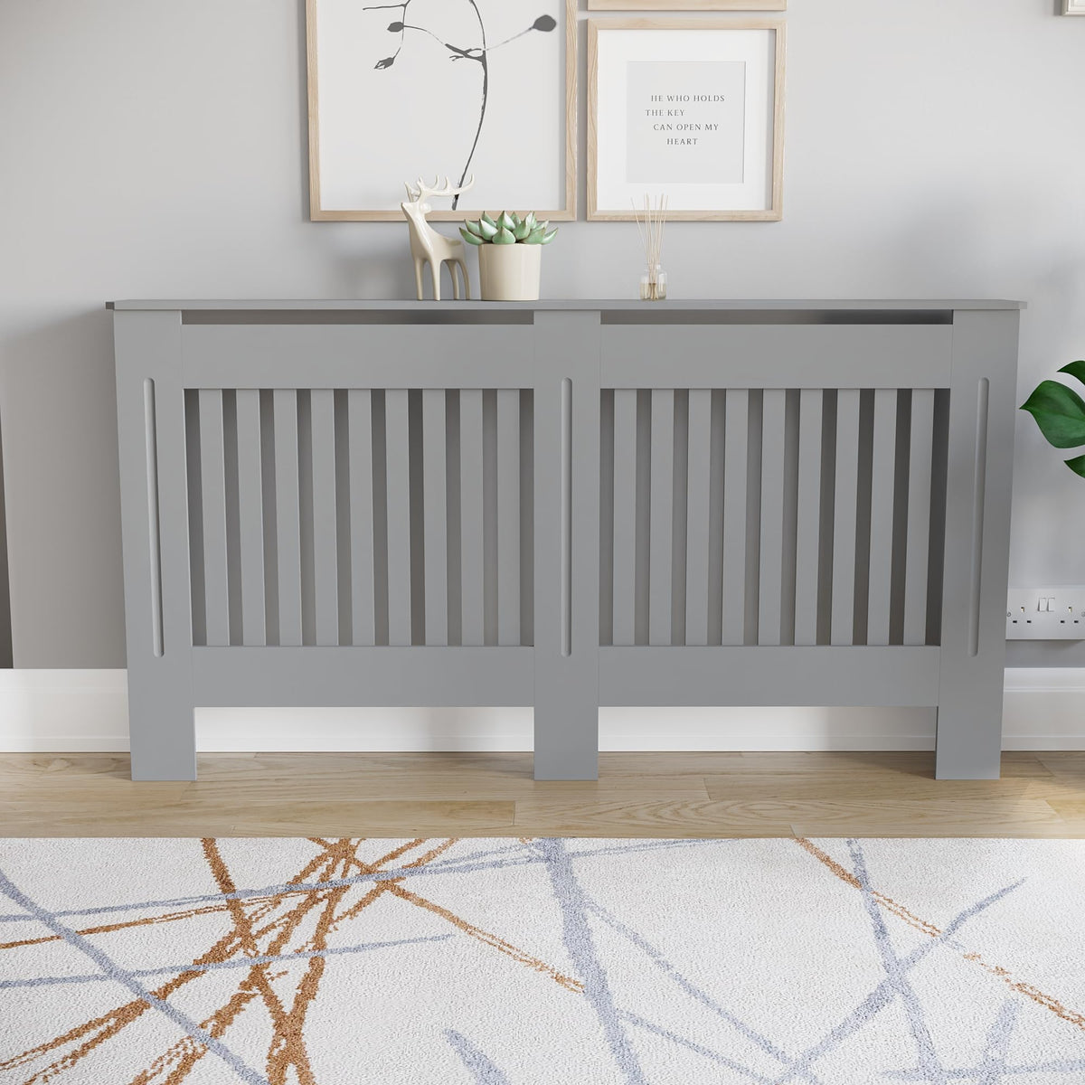 Vida Designs Chelsea Radiator Cover White - Medium - Modern Vertical Slat Design For Optimal Heat Circulation - H82xW111xD19cm - Painted MDF Cabinet Ideal For Living Room & Hallway
