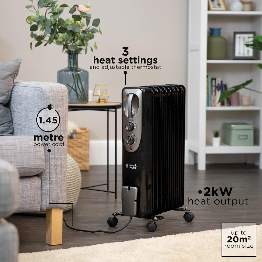 Russell Hobbs 2000W/2KW Oil Filled Radiator, 9 Fin Portable Electric Heater - White, Adjustable Thermostat with 3 Heat Settings, Safety Cut-off, 20 m sq Room Size, RHOFR5002, 2 Year Guarantee