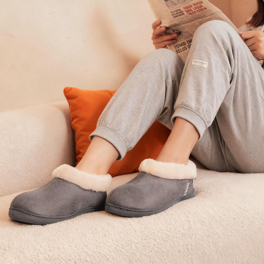 EverFoams Women's Suede Bootie Slippers Fuzzy Plush Collar Memory Foam