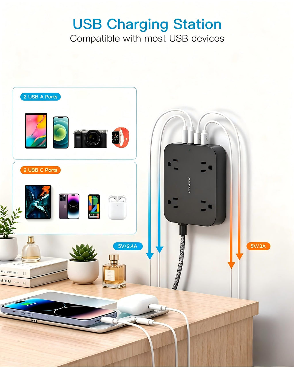 10 Ft Extension Cord, Flat Power Strip with 4 Outlets 4 USB Ports (2 USB C)