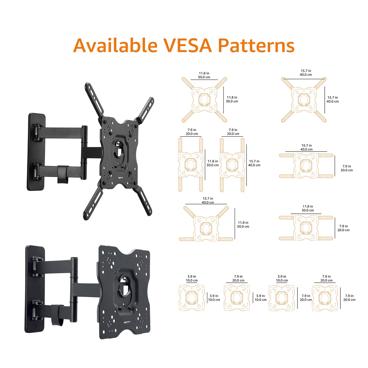 Amazon Basics Full Motion Articulating TV Wall Mount with Tilt Swivel, Extends 16 inches, VESA 200x200, for 12" to 40" TVs, 40 lbs, Black
