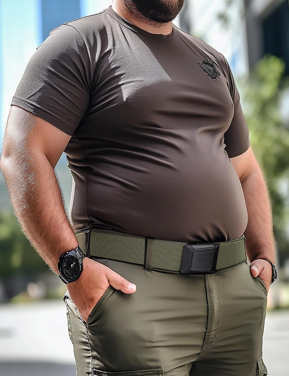 JUKMO Stretch Tactical Belt for Men, Military Work Rigger Hiking 1.5" Elastic Nylon Web Ratchet Quick Release Belt in Gift Box
