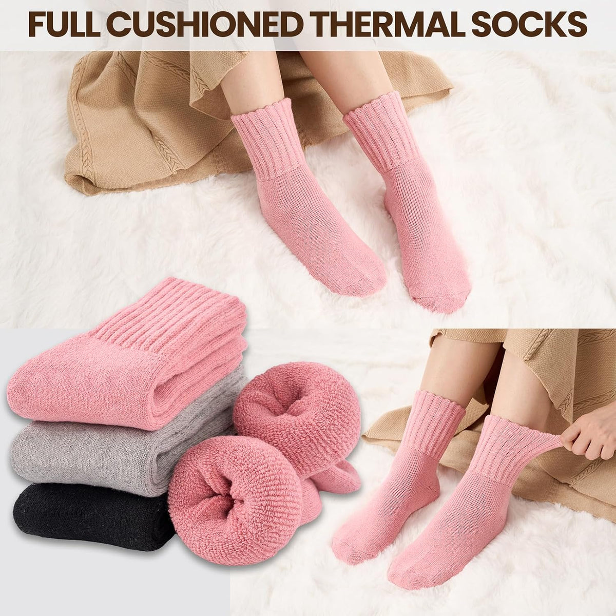 Niorasen Women's Thermal Socks, 3 Pairs Full Cushioned, Cosy Gift Winter
