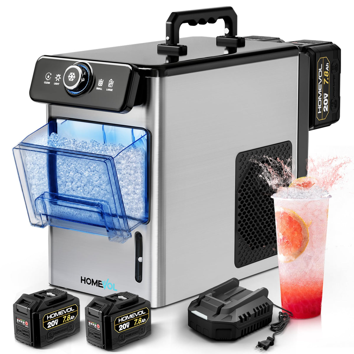 2 in 1 Cordless Countertop Ice Maker, Battery Powered Portable Countertop Ice Machine, 6-Minute Fast Ice Cubes with 2 Size, 40lbs Daily, 40dB Quiet, Self-Cleaning, 2 × 7.8Ah Battery, Stainless Steel