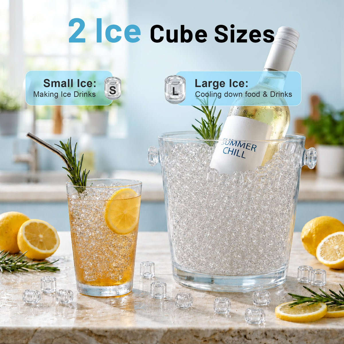 2 in 1 Cordless Countertop Ice Maker, Battery Powered Portable Countertop Ice Machine, 6-Minute Fast Ice Cubes with 2 Size, 40lbs Daily, 40dB Quiet, Self-Cleaning, 2 × 7.8Ah Battery, Stainless Steel