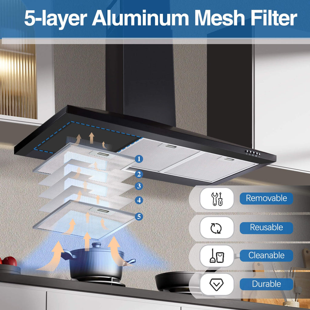 SNDOAS Range Hood 30 inch,Wall Mount Range Hood in Stainless Steel With Ducted/Ductless Convertible,Stove Vent Hood with Aluminum Filters,3 Speed Exhaust Fan,LED Light,Button Control