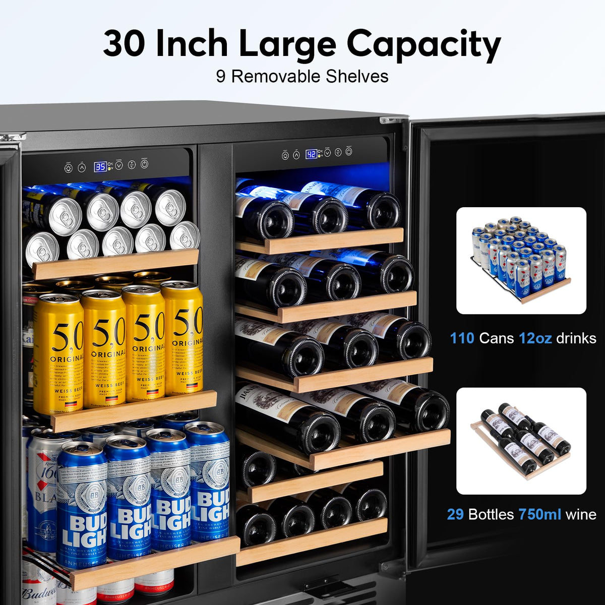 24" Dual Zone Wine and Beverage Refrigerator, Under Counter with Glass Door