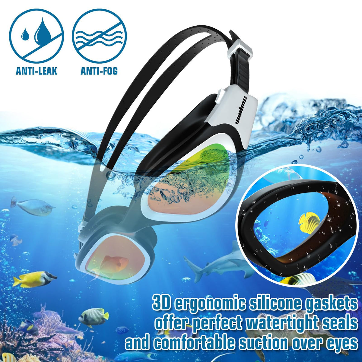 Winline Adult Swimming Goggles,Open Water Goggles Swimming Anti Fog UV Protection No Leakage Clear Vision Easy to Adjust for Adults Men Women Teenagers