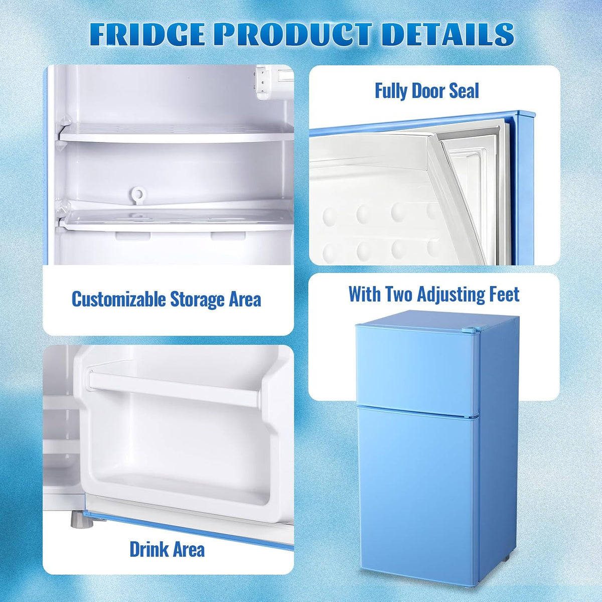 DEMULLER 45L Personal Double‑Door Mini Fridge With Freezer, Blue