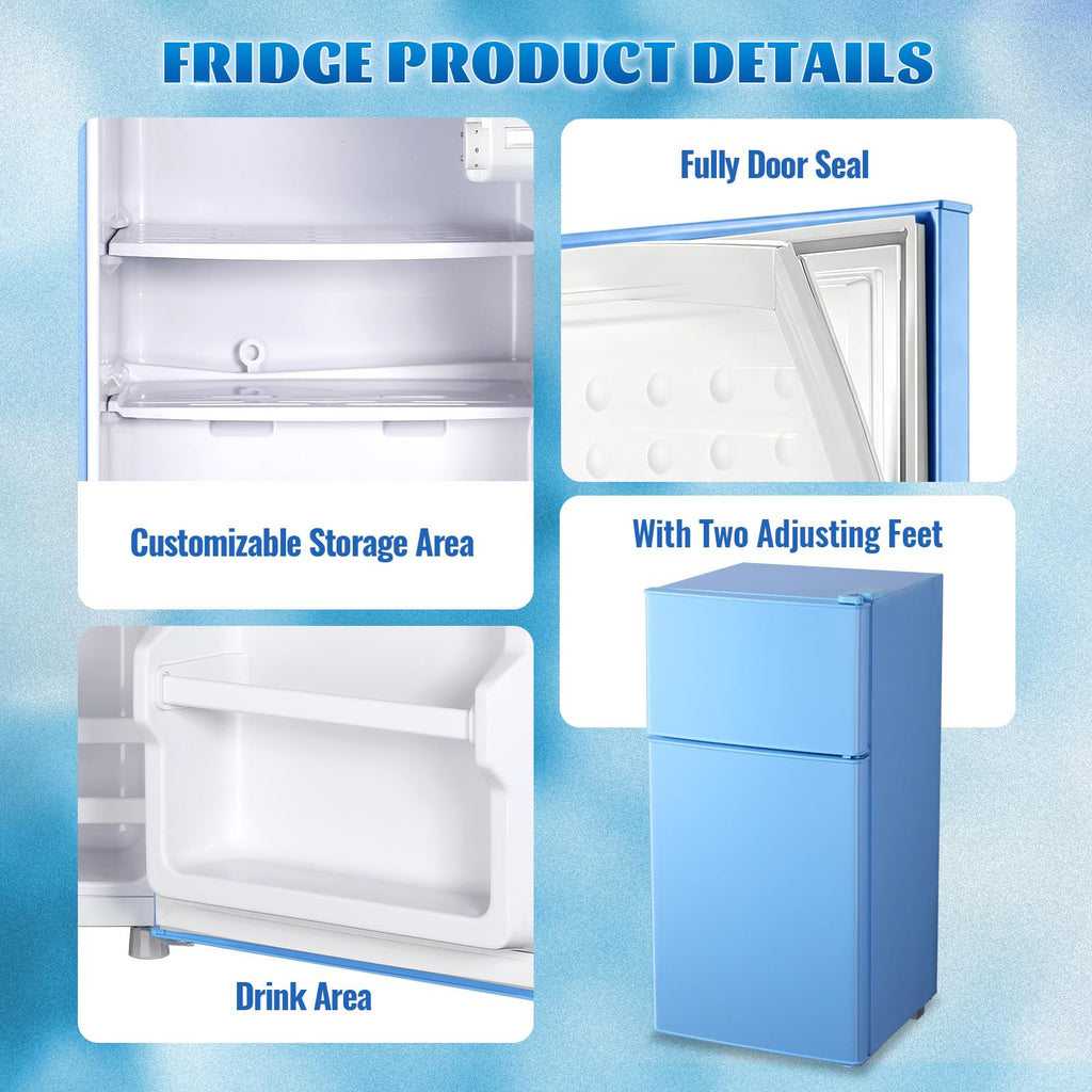 DEMULLER 45L Personal Double‑Door Mini Fridge With Freezer, Blue