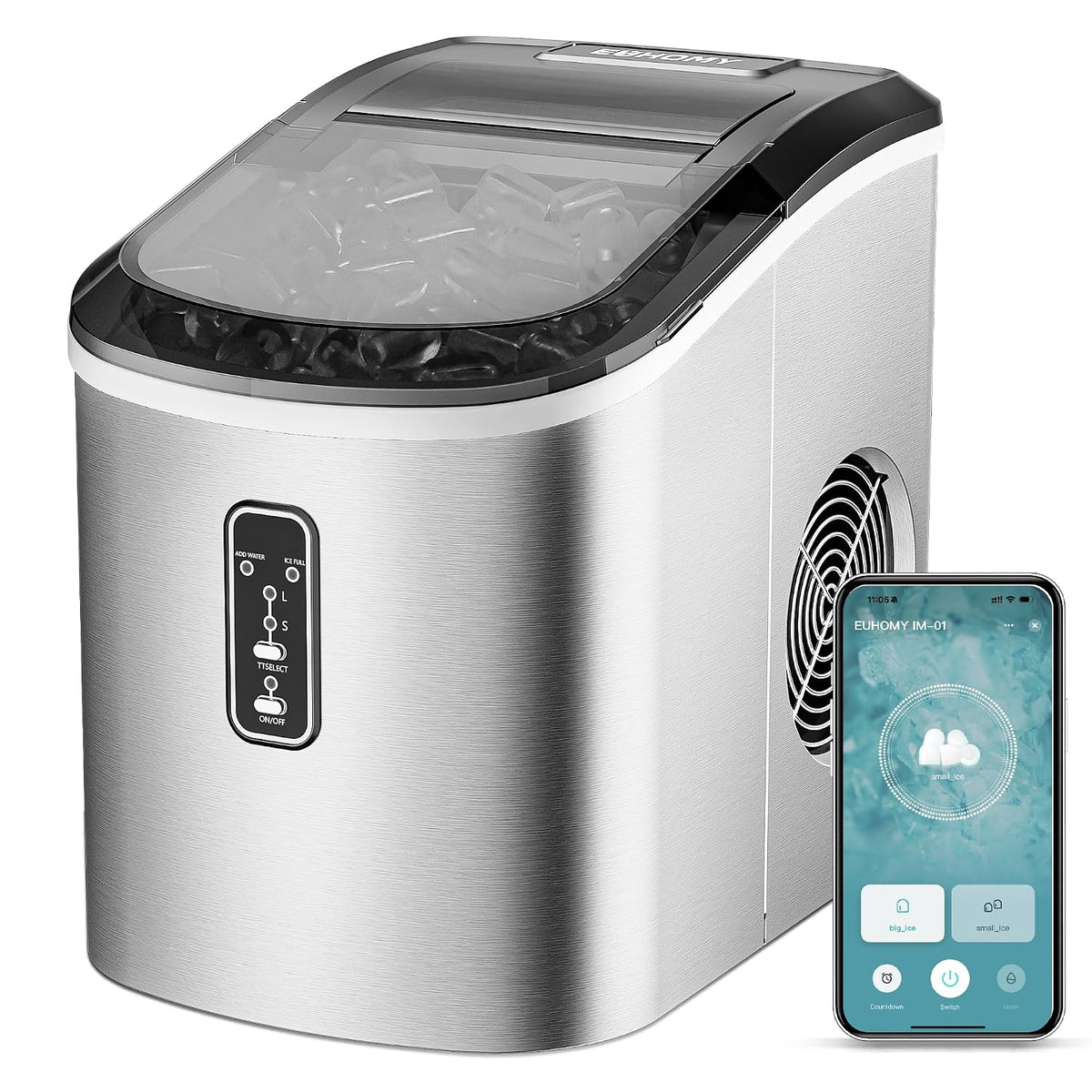 EUHOMY Ice Maker Countertop, 9 Cubes Ready in 6 Mins, 26lbs/24H, Self-Cleaning, Portable Ice Maker Machine with Carry Handle, Basket and Scoop, 2 Sizes of Bullet Ice for Home, Kitchen, Office