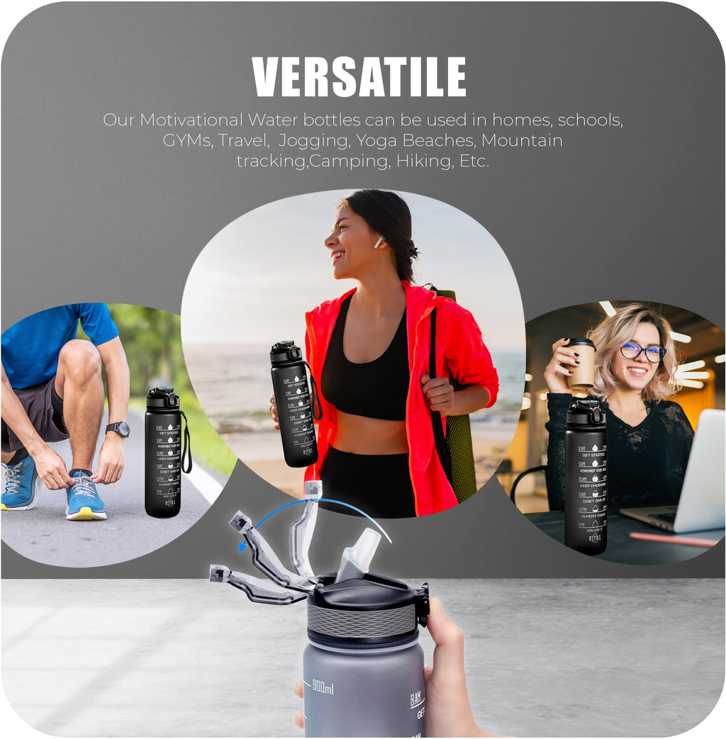 Roe Tenpo Sports Water Bottle with Straw and Time Marking, and 32OZ Capacity - Motivational and Eco-Friendly BPA-Free Bottle for Running, Gym, Yoga, Outdoors, and Camping (Style-1, Black)