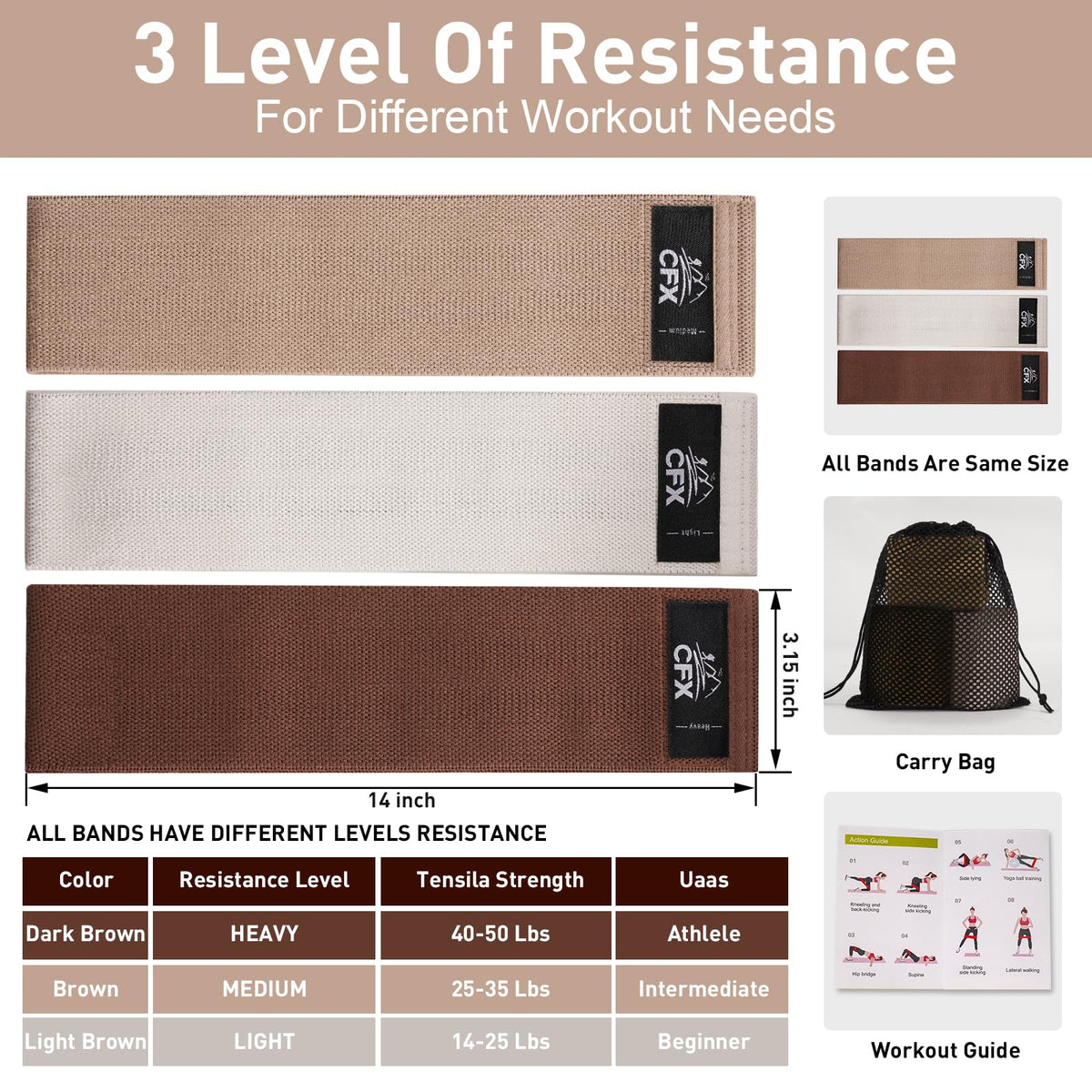CFX Resistance Bands Set, Exercise Bands with Non-Slip Design for HIPS & Glutes, 3 Levels Workout Bands for Women and Men, Booty Bands for Home Fitness, Yoga, Pilates