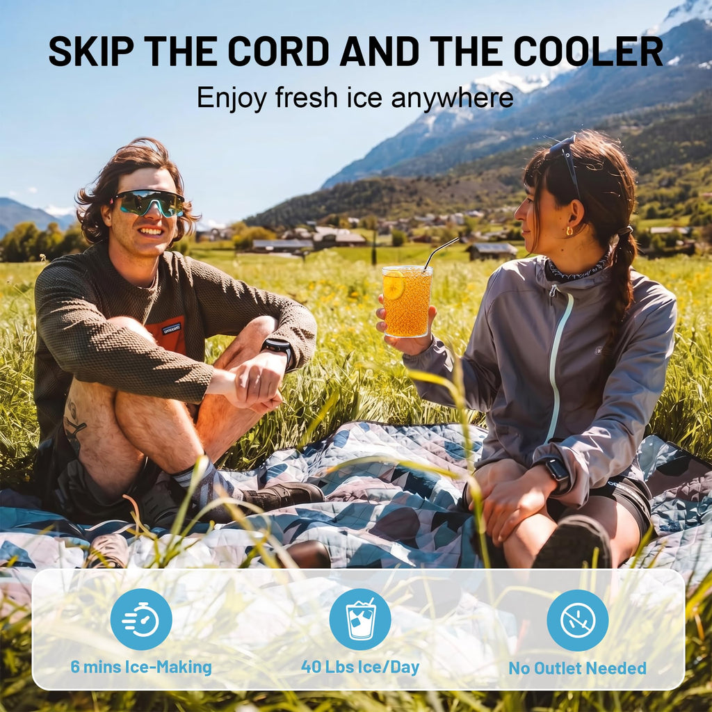 2 in 1 Cordless Countertop Ice Maker, Battery Powered Portable Countertop Ice Machine, 6-Minute Fast Ice Cubes with 2 Size, 40lbs Daily, 40dB Quiet, Self-Cleaning, 2 × 7.8Ah Battery, Stainless Steel