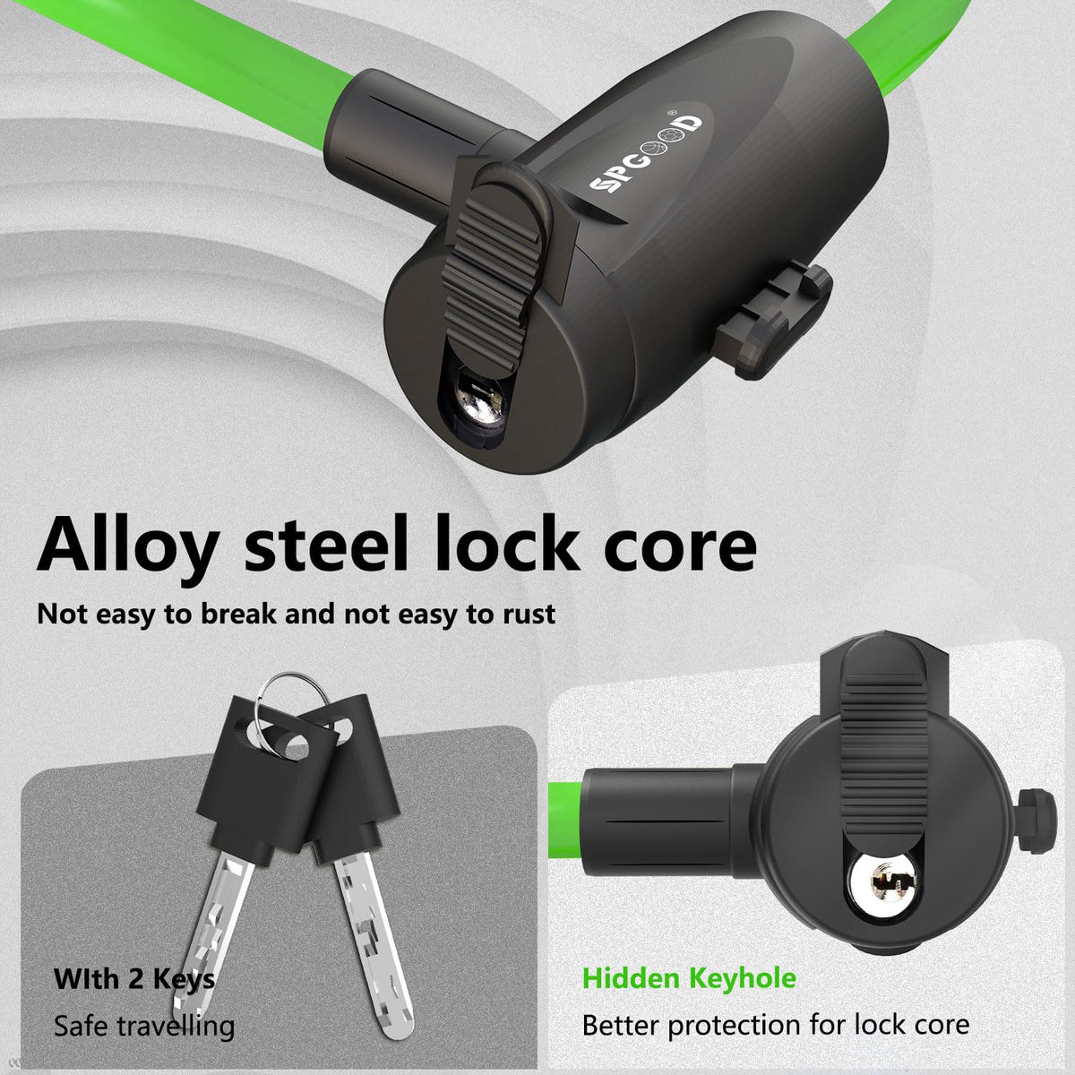SPGOOD Bike Lock with 2 Keys, 12 mm Steel Cable Lock, 120 cm Length