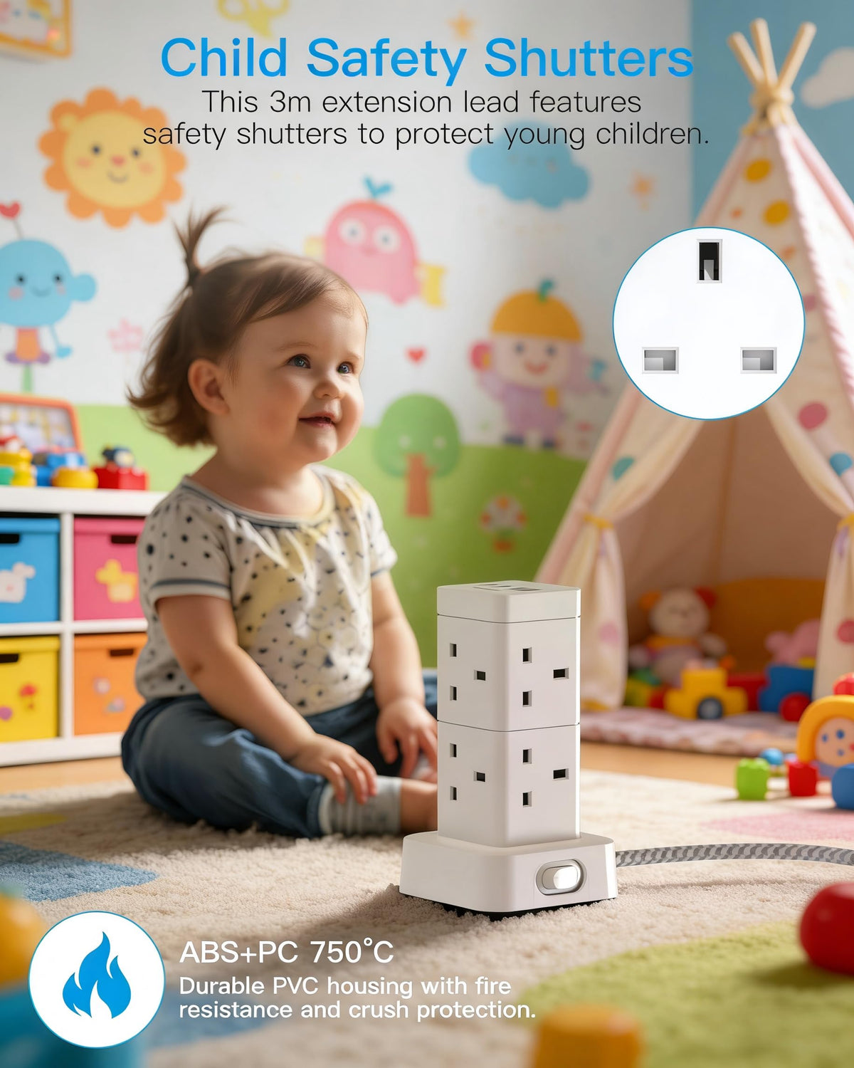 3M Tower Extension Lead with 2 USB C Slots, 8 Way Outlets Power Strip, 10Ft