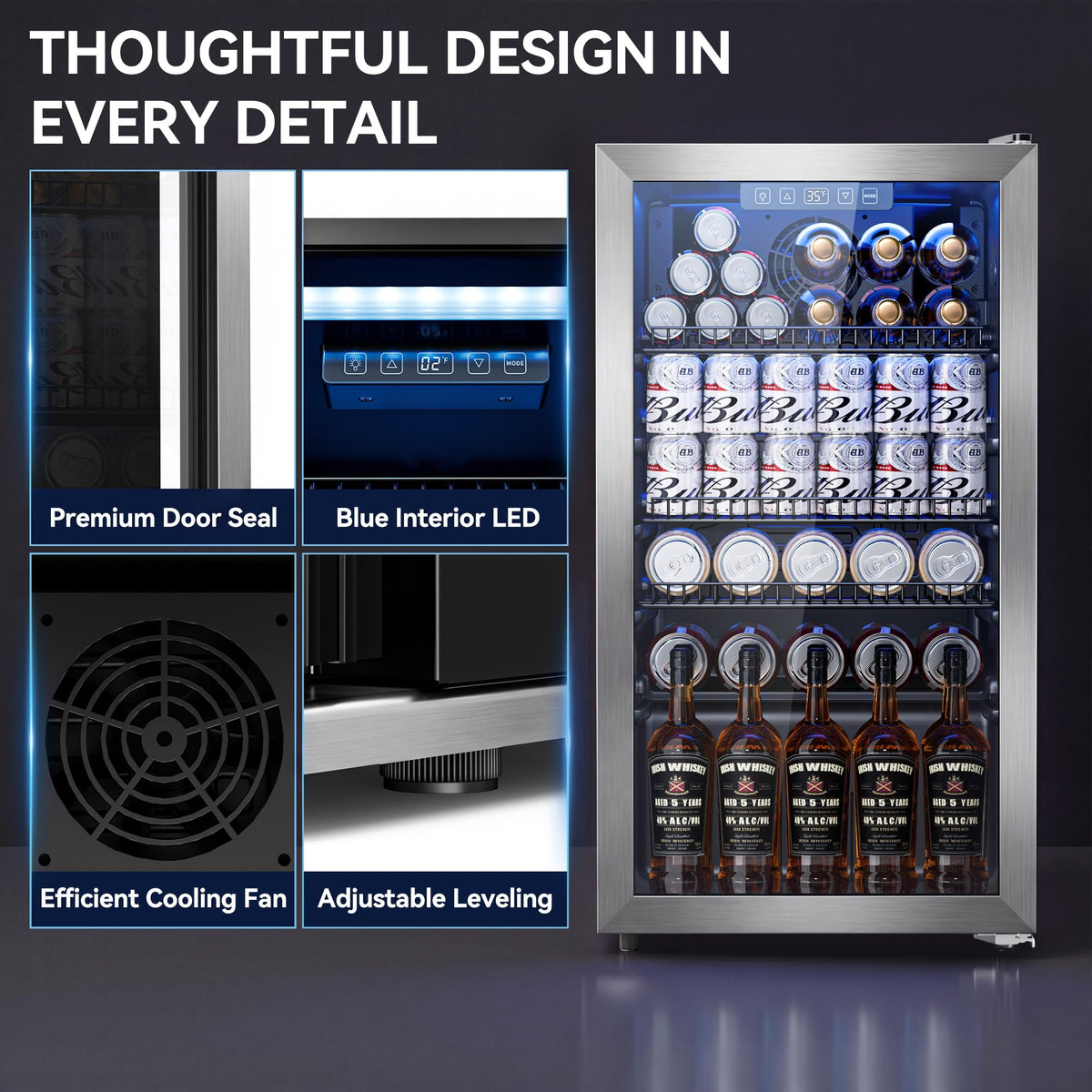 2.5 Cu.Ft Beverage Fridge, Glass Door Mini Fridge, Silver, 96 Can