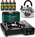 GREEN HAVEN Camping Stove Bundle – Portable Gas Stove, Camping Kettle & 4 Butane Gas Canisters | 2100W Gas Cooker with Carry Case | EN417 | Camping Gas Stove with Auto-Ignition, Adjustable Flame