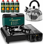 GREEN HAVEN Camping Stove Bundle – Portable Gas Stove, Camping Kettle & 4 Butane Gas Canisters | 2100W Gas Cooker with Carry Case | EN417 | Camping Gas Stove with Auto-Ignition, Adjustable Flame