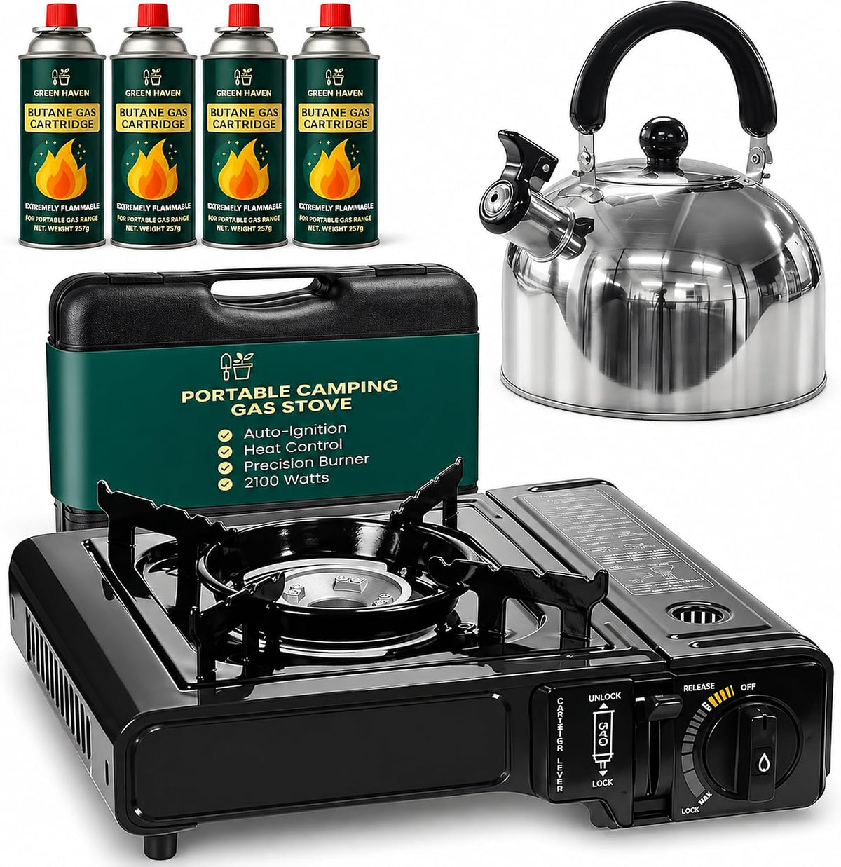 GREEN HAVEN Camping Stove Bundle – Portable Gas Stove, Camping Kettle & 4 Butane Gas Canisters | 2100W Gas Cooker with Carry Case | EN417 | Camping Gas Stove with Auto-Ignition, Adjustable Flame