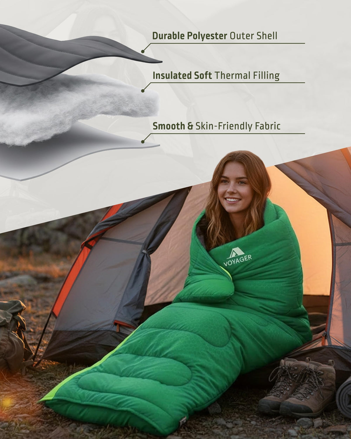 Voyager Sleeping Bag for Adults, Lightweight 3-4 Season Waterproof Camping