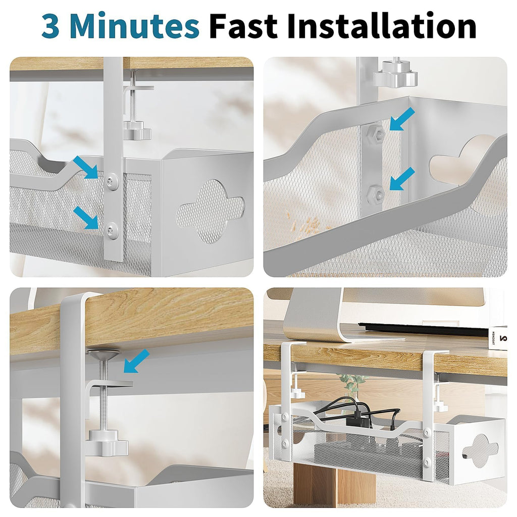 Under Desk Cable Management Tray 2 Pack, No Drill Cable Organizer With Clamp for Standing Desk, Easy to Install Cord Management System, No Damage Wire Organizer