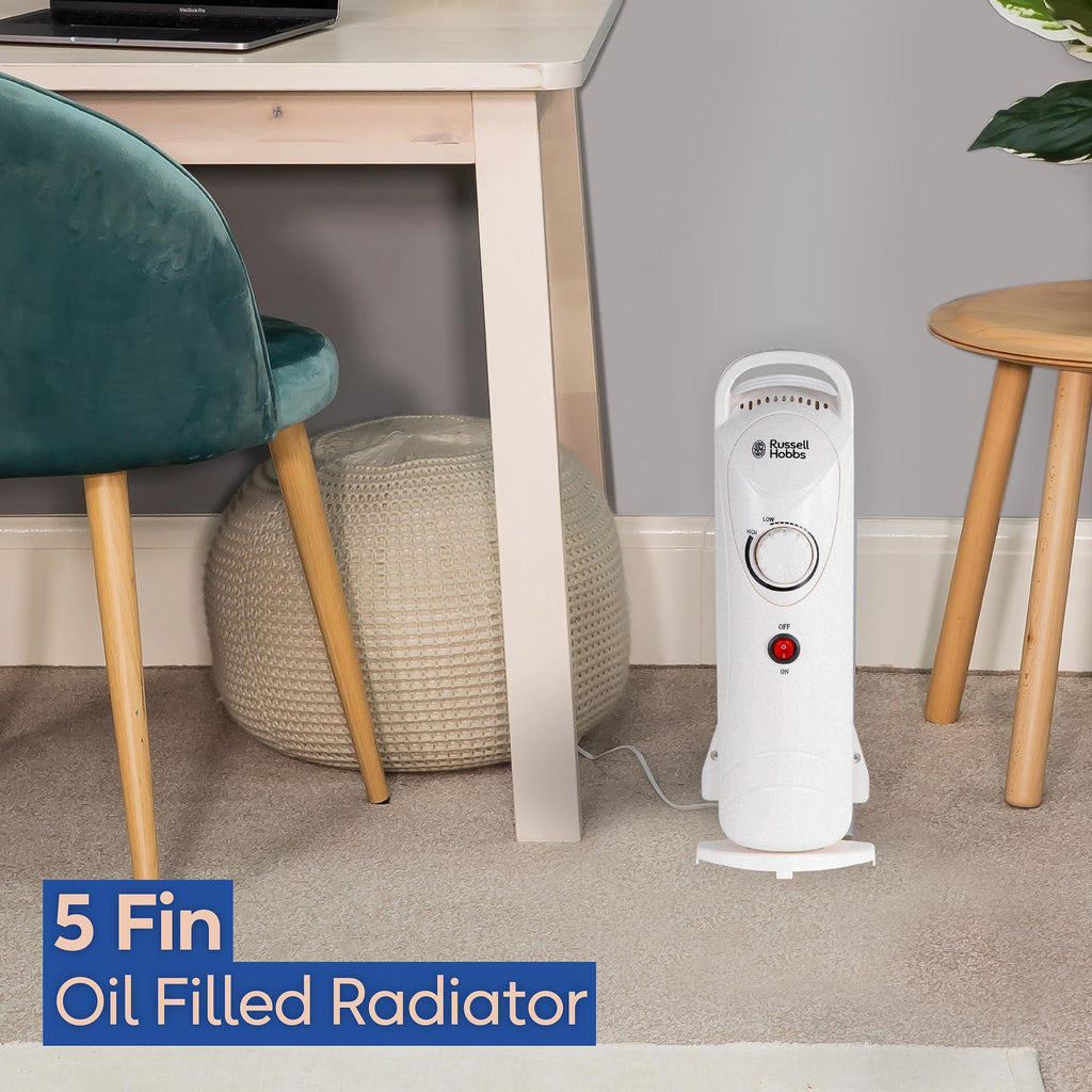 Russell Hobbs 2000W/2KW Oil Filled Radiator, 9 Fin Portable Electric Heater - White, Adjustable Thermostat with 3 Heat Settings, Safety Cut-off, 20 m sq Room Size, RHOFR5002, 2 Year Guarantee