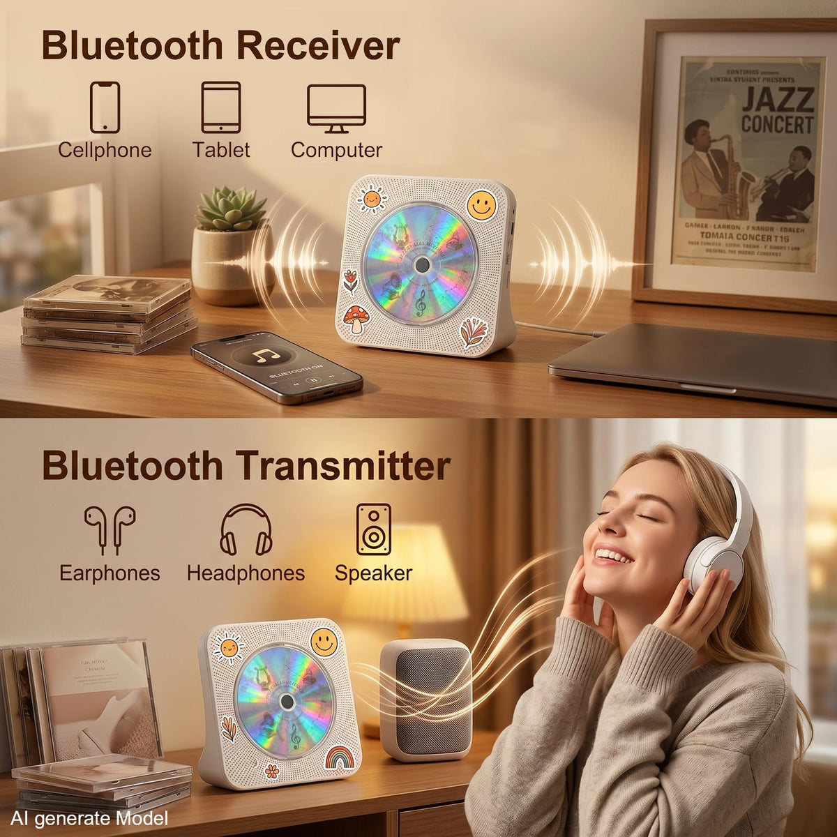 Gueray CD Player Portable Bluetooth Desktop CD Players for Home