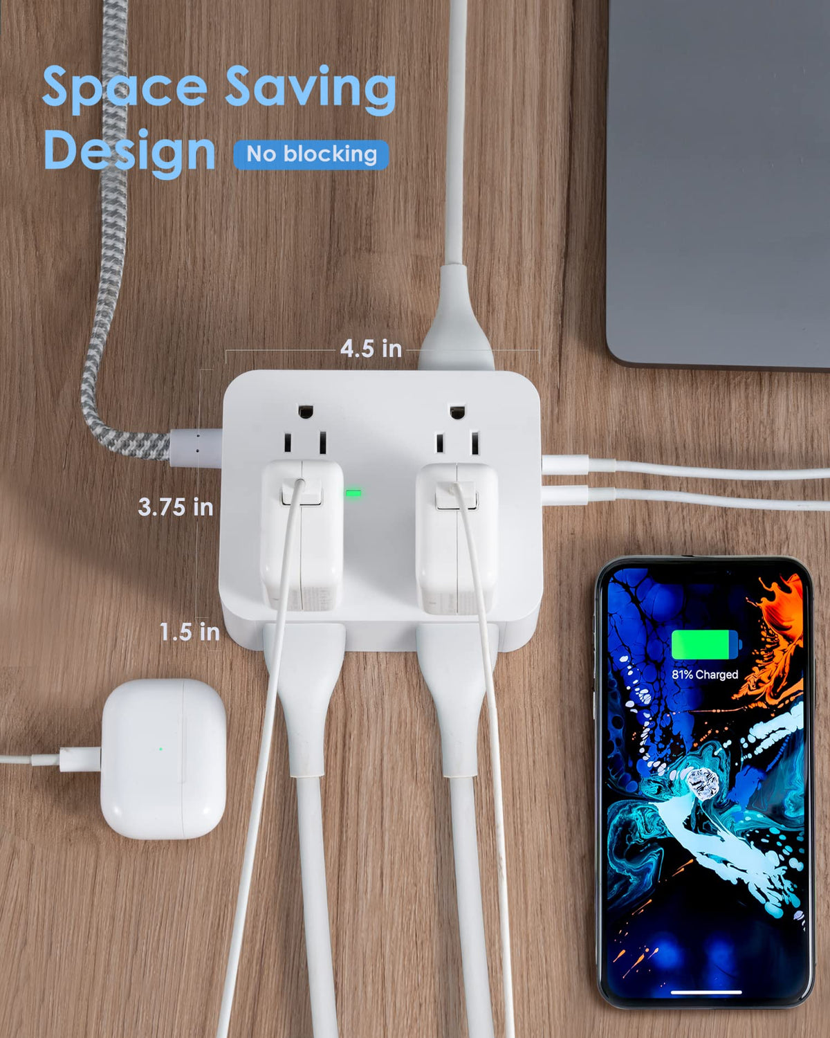 HANYCONY Surge Protector Power Strip, 10 Ft Braided Extension Cord, 1080J