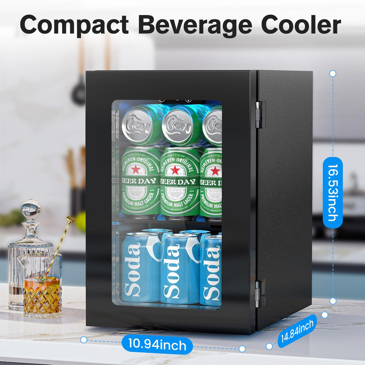 Electactic 48 Can Beverage Refrigerator,12 Bottle Wine Cooler with Seamless Stainless Steel & Glass Door, Digital Temperature Display, Countertop Mini Fridge for Soda, Wine or Beer, Silver