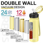 GOPPUS 600ml/20oz Stainless Water Bottle with Straw Double Wall Insulated Bottles with Strap One Hand Open Vacuum Thermal Flask with Flip Top Lid Leakproof Keep Cold Drinks BPA Free