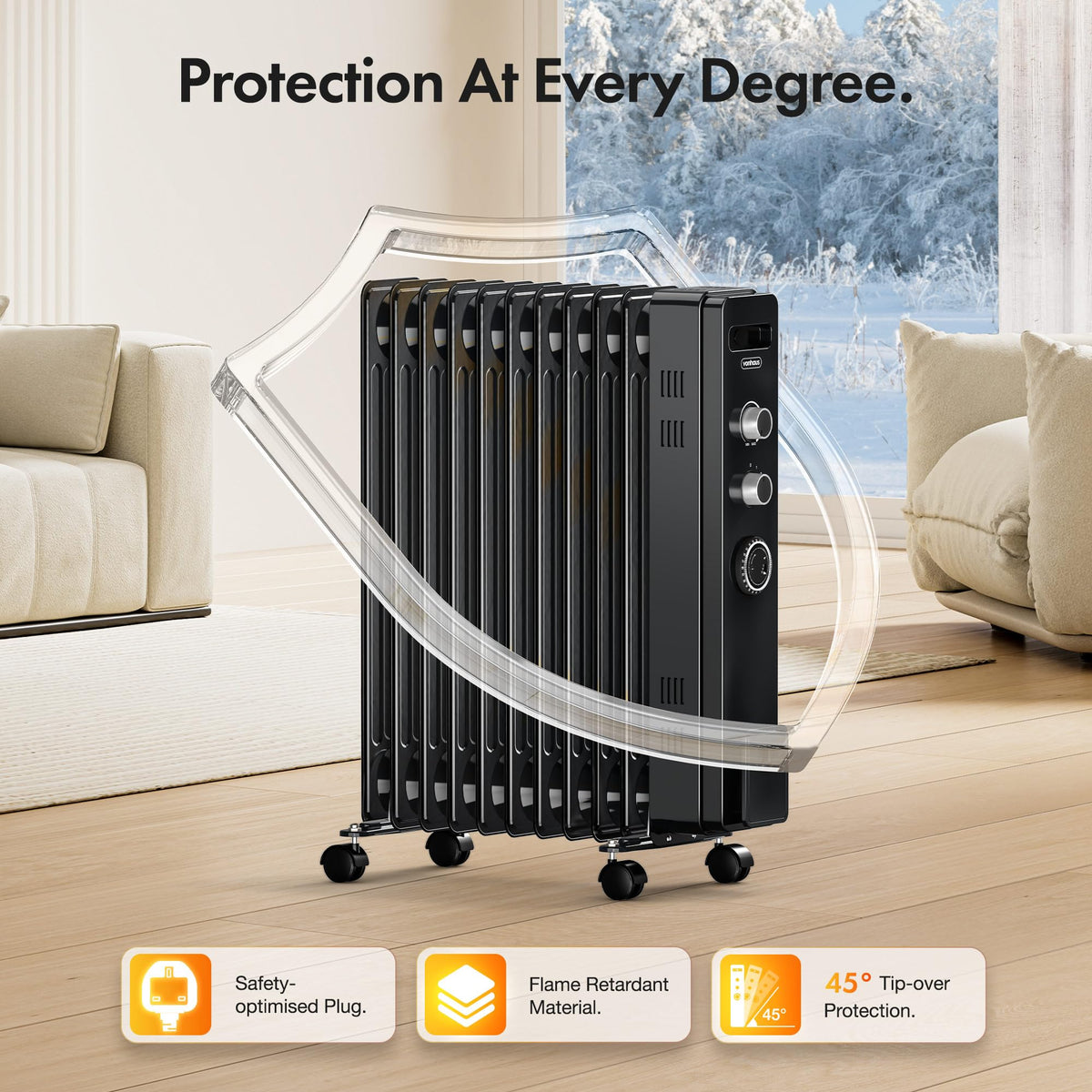 VonHaus Oil Filled Radiator 11 Fins – 2500W, 3 Heat Settings, 24 Hour Timer