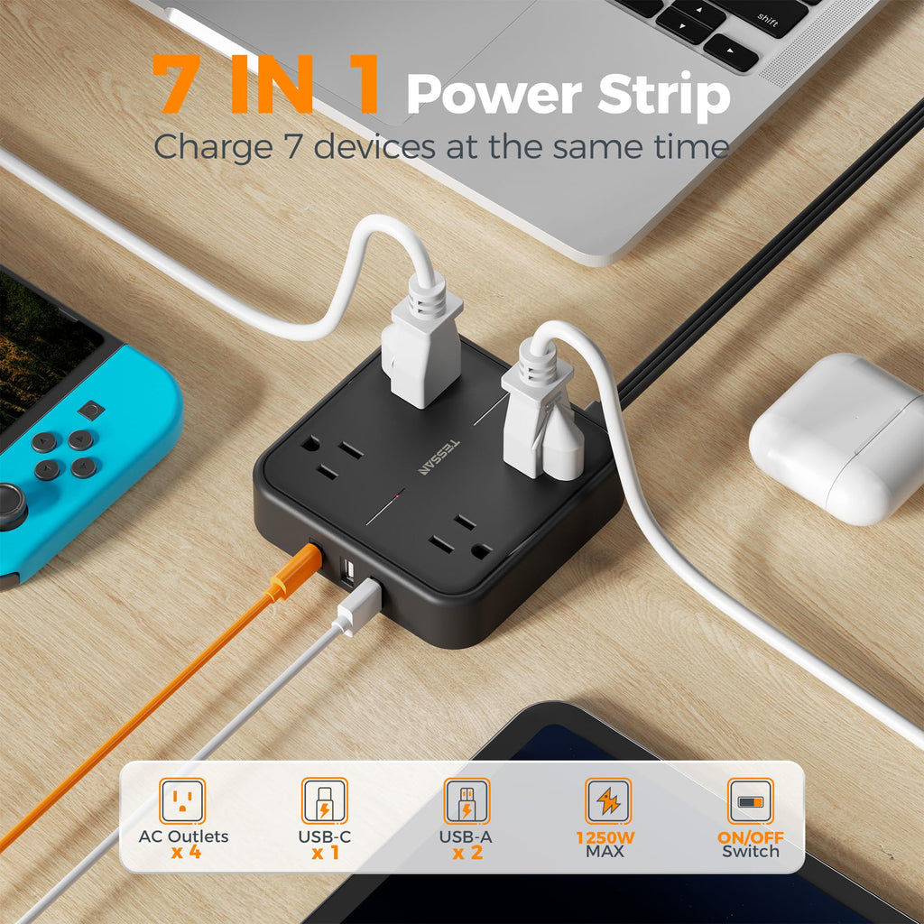 TESSAN PD 20W Surge Protector Extension Cord 5Ft, Flat Plug Power Strip
