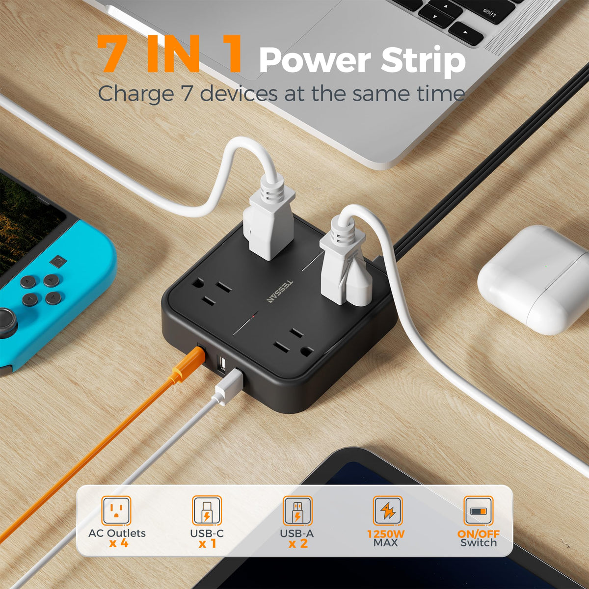 TESSAN PD 20W Surge Protector Extension Cord 5Ft, Flat Plug Power Strip