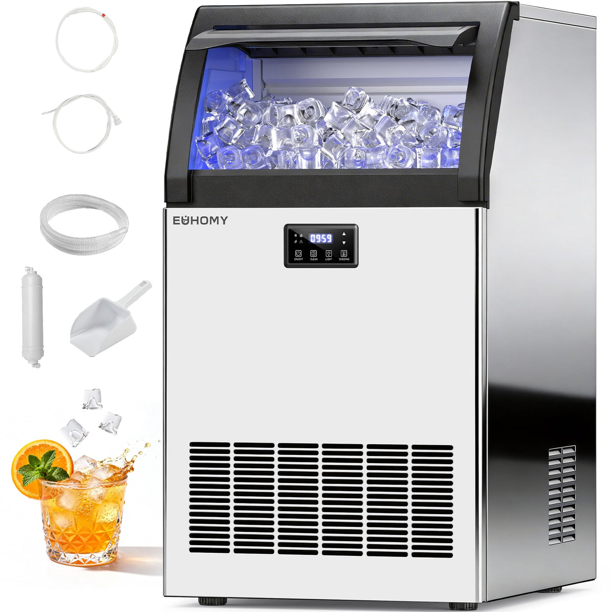 EUHOMY 15" Under Counter Ice Maker, 90lbs/24H, 24lb Bin, Gravity Drainage