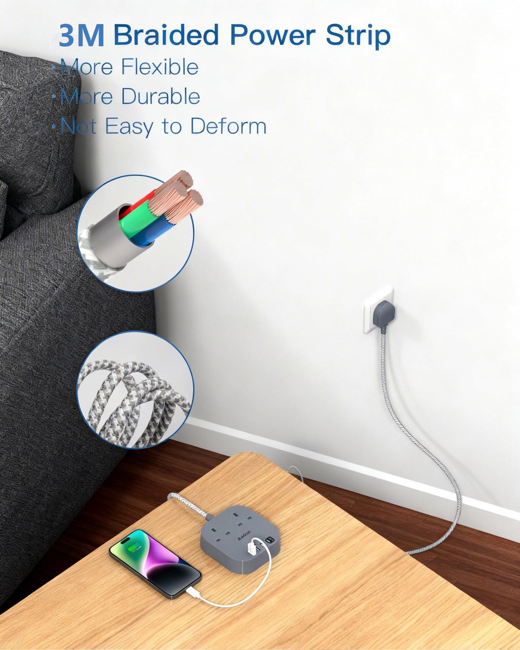 Extension Lead, Power Strips with 2 Way Outlets 4(4.5A, 2 Type C & 2 USB-A)