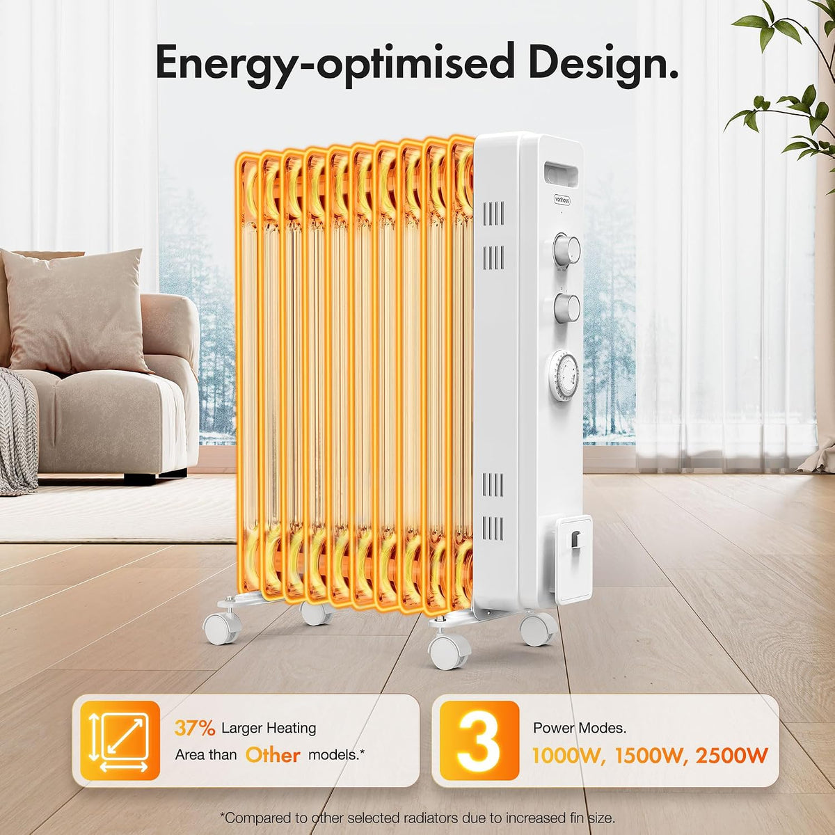 VonHaus Oil Filled Radiator 11 Fins – 2500W, 3 Heat Settings, 24 Hour Timer