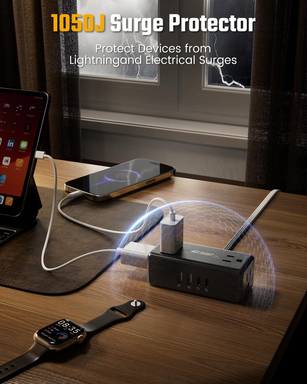 3Ft Short Extension Cord with Multiple Outlets, Surge Protector Power Strip