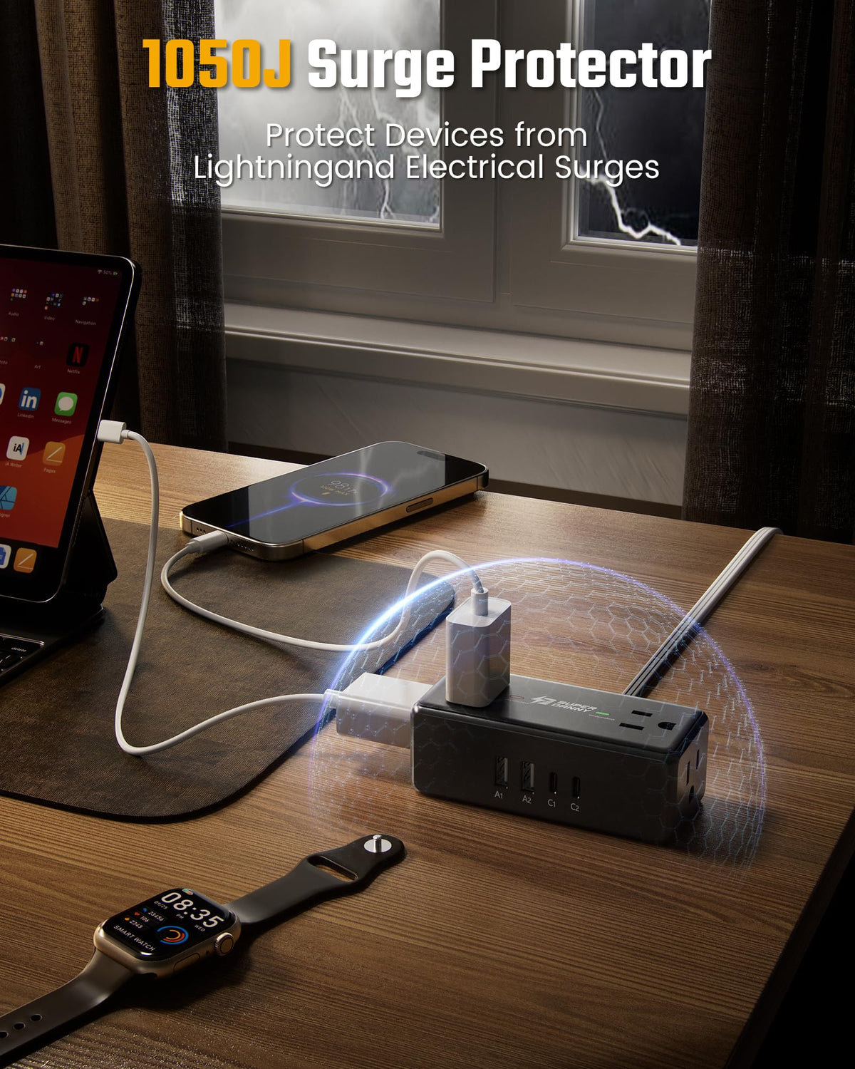 3Ft Short Extension Cord with Multiple Outlets, Surge Protector Power Strip