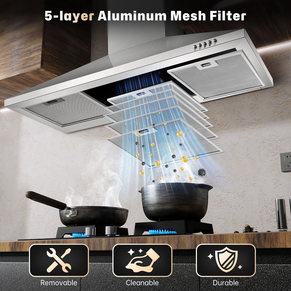 SNDOAS Range Hood 30 inch,Wall Mount Range Hood in Stainless Steel With Ducted/Ductless Convertible,Stove Vent Hood with Aluminum Filters,3 Speed Exhaust Fan,LED Light,Button Control