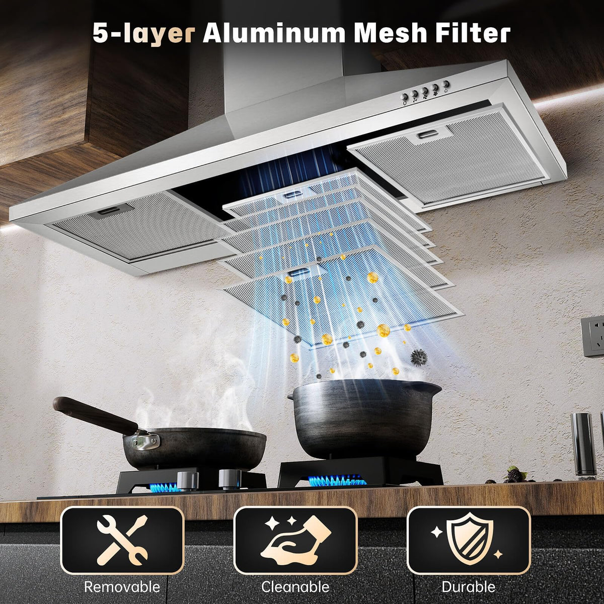 SNDOAS Range Hood 30 inch,Wall Mount Range Hood in Stainless Steel With Ducted/Ductless Convertible,Stove Vent Hood with Aluminum Filters,3 Speed Exhaust Fan,LED Light,Button Control