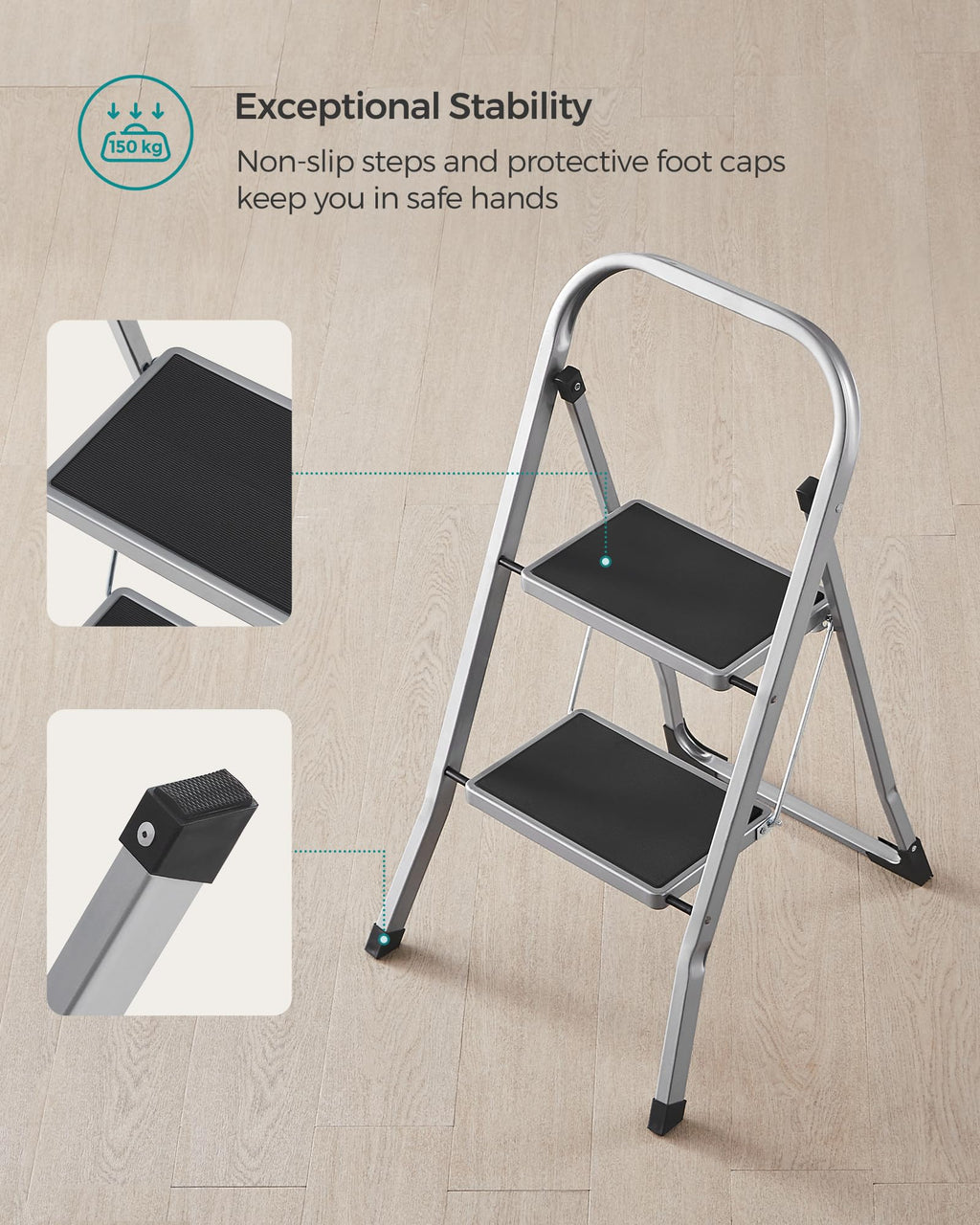 SONGMICS 3-Step Ladder, Folding Step Ladder, Safety, Holds up to 150KG