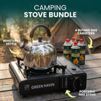 GREEN HAVEN Camping Stove Bundle – Portable Gas Stove, Camping Kettle & 4 Butane Gas Canisters | 2100W Gas Cooker with Carry Case | EN417 | Camping Gas Stove with Auto-Ignition, Adjustable Flame