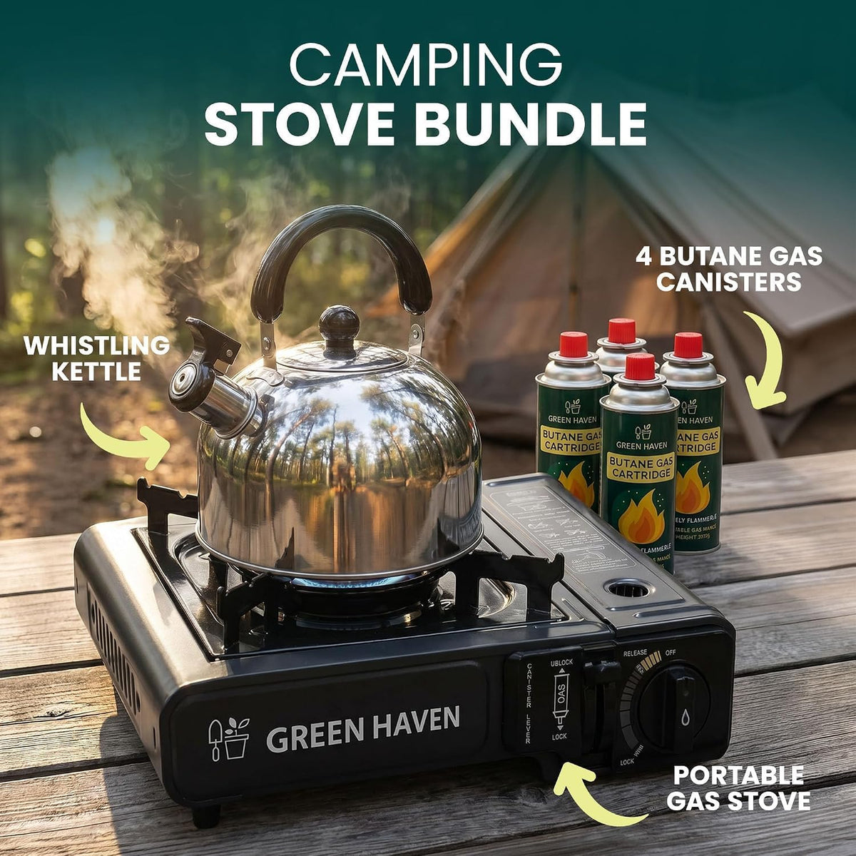 GREEN HAVEN Camping Stove Bundle – Portable Gas Stove, Camping Kettle & 4 Butane Gas Canisters | 2100W Gas Cooker with Carry Case | EN417 | Camping Gas Stove with Auto-Ignition, Adjustable Flame